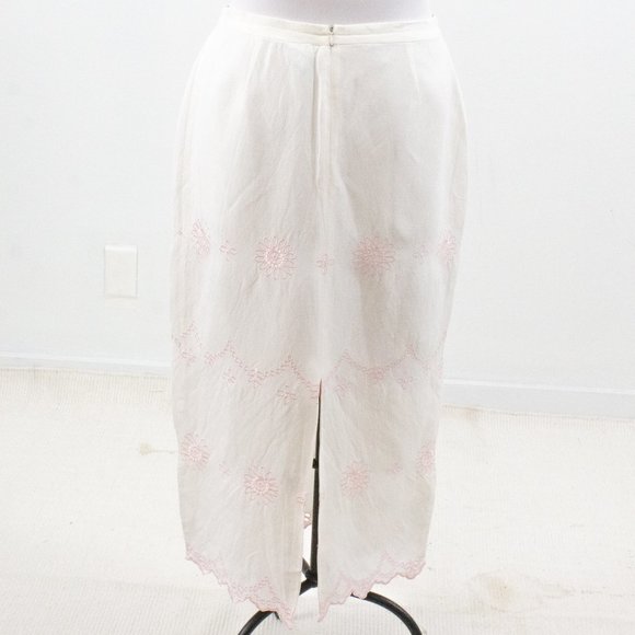 Vintage Boho Eyelet Skirt 12 Linen Pencil Midi White - Picture 4 of 9
